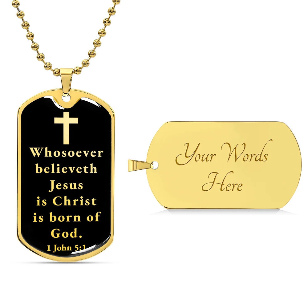 Born of God 1 John 5:1 Personalized Engraved Gold Dog Tag Necklace Custom Name